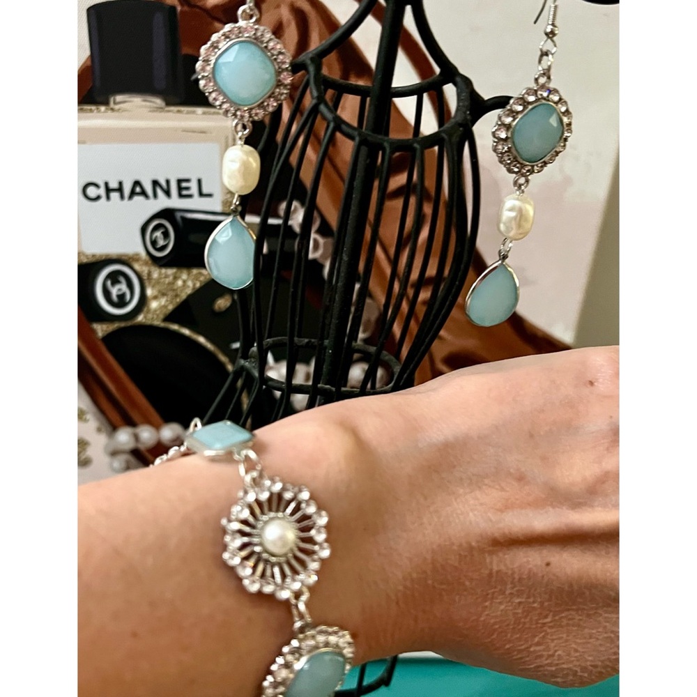 NEW! Pale Blue Rhinestone and Faux Pearl Dangle Earrings and Adjustable Bracelet